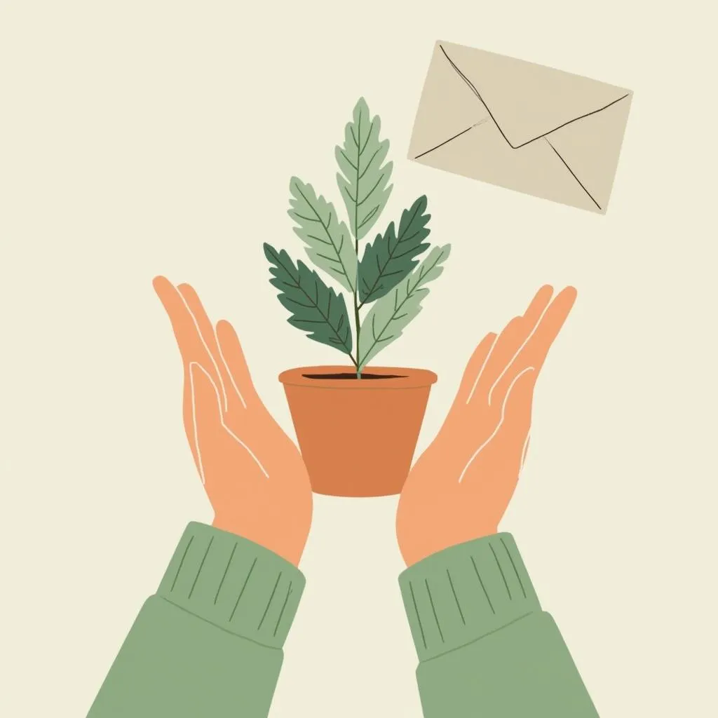 Ilustración de manos cuidando una planta pequeña