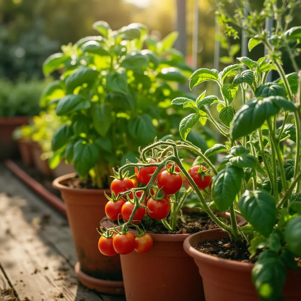 Huerto de balcón con tomates y hierbas