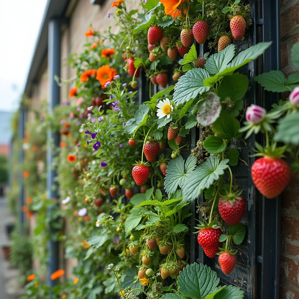Jardín vertical con flores y plantas aromáticas